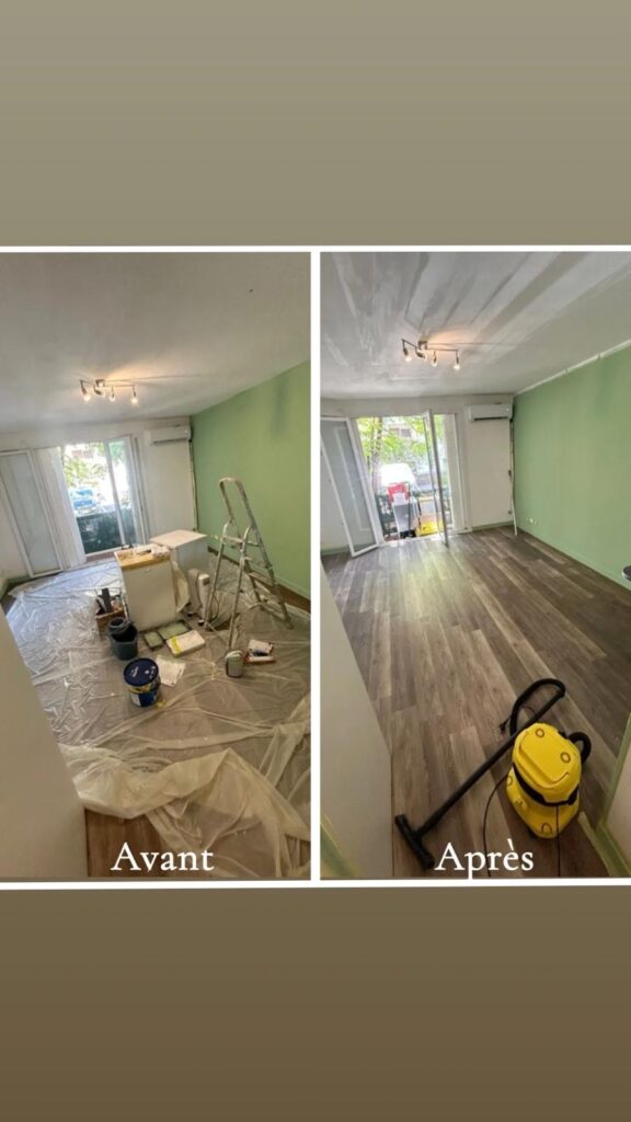 "Avant": pièce en rénovation avec bâches, peinture et échelle. "Après": sol stratifié, murs verts, pièce propre et aspirateur jaune.